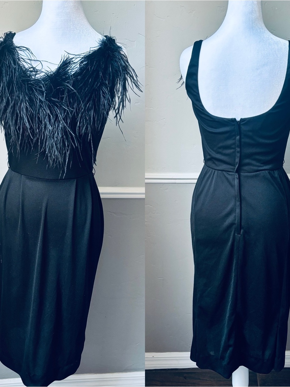 Classic Black Feather-Trim Cocktail Dress